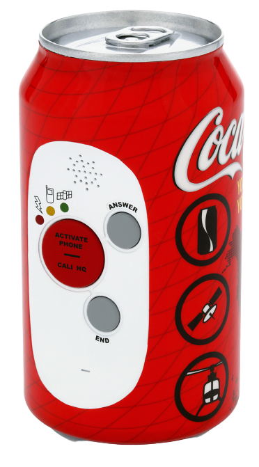 Red Coke can with speaker grille and buttons for calling, answering, and hanging up